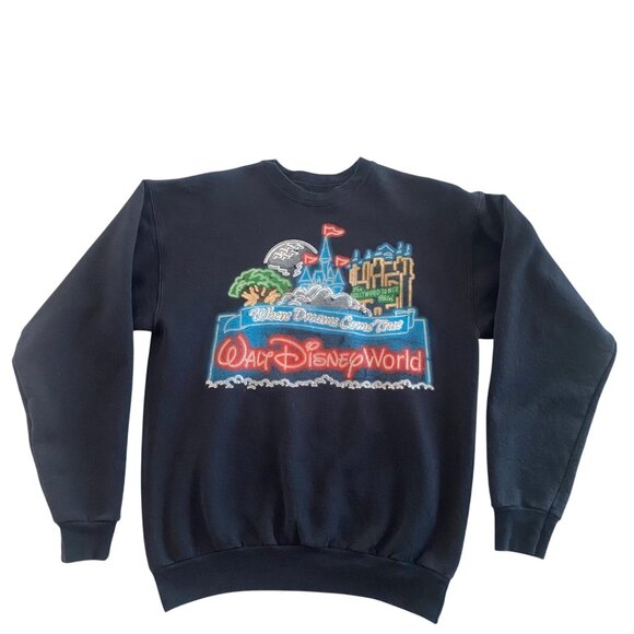 Disney Parks Walt Disney World Sweatshirt Small Black‎ Crewneck Neon Embroidered - Picture 1 of 7